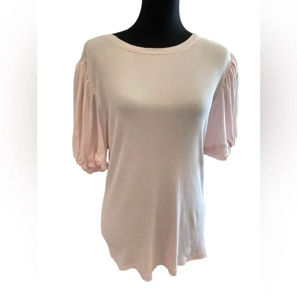 1.STATE  Puff Sleeve Knit blouse / Sz Large / REVOLVE 100% Cotton Pink Ribbed - Picture 2 of 6